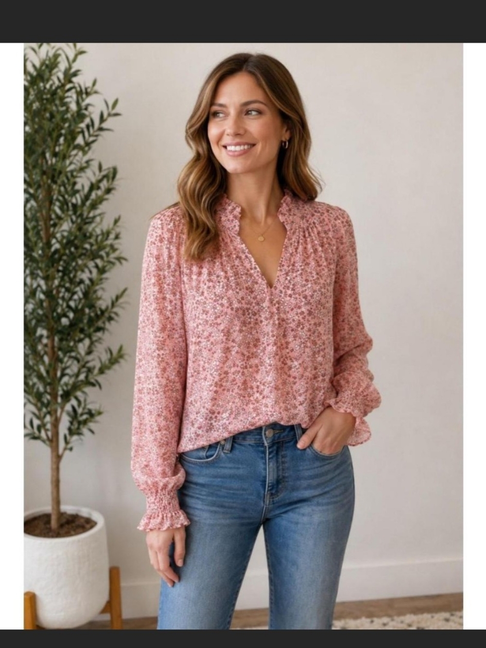 Loft Pink Floral Women's Blouse Delicate Ruffled Split-neck Smocked Cuff Sz M